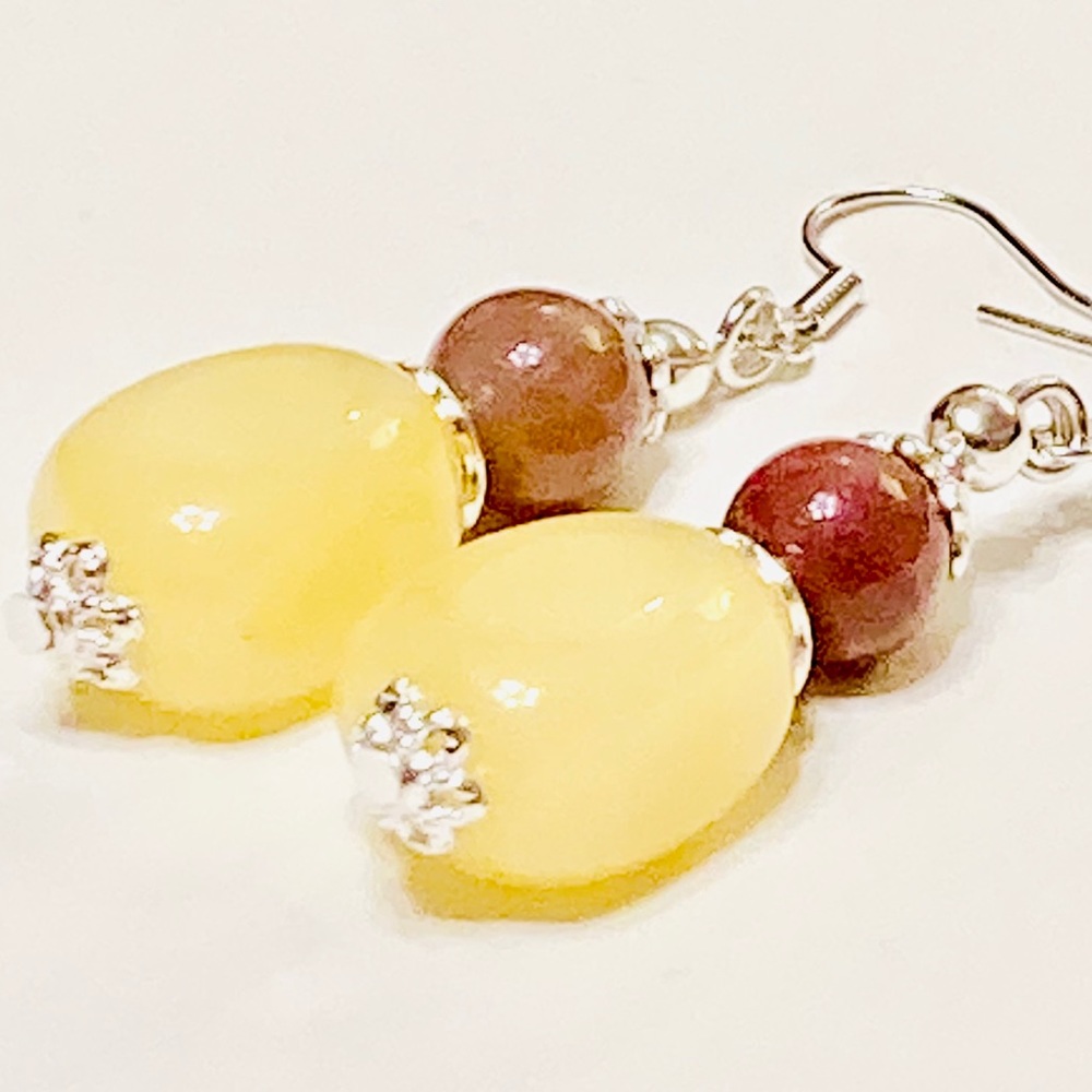 Light Yellow Jadeite & Brown Indian Agate Stone Drop Boho Style Earrings - Picture 6 of 9